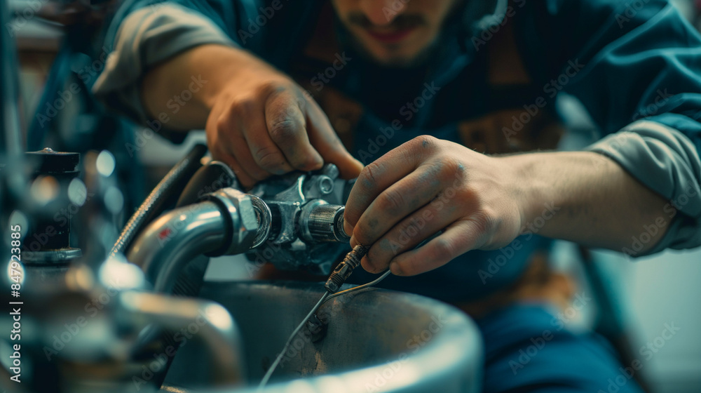 Technician or plumber's hands repairing broken pipes in a toilet Technician or plumber's hands repairing broken pipes in a toilet