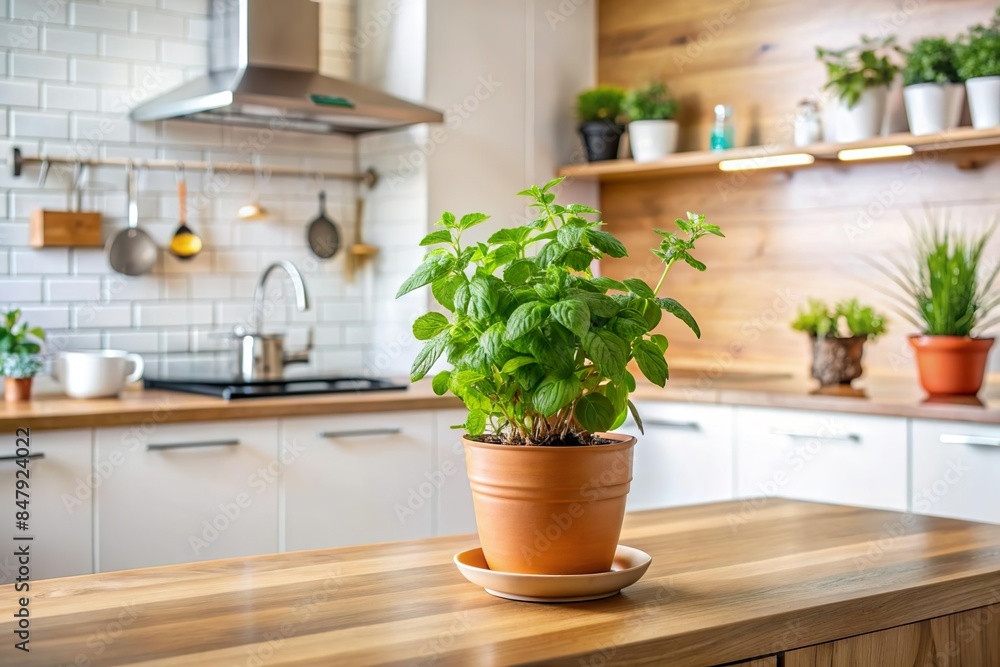 potted peppermint plant indoor. Growing herb in kitchen potted peppermint plant indoor. Growing herb in kitchen