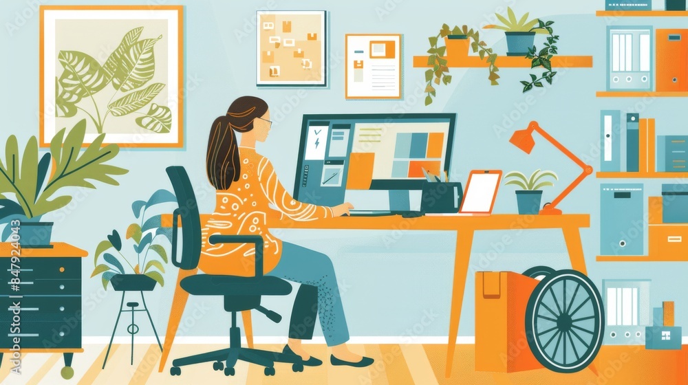 A woman works on a computer at a desk in her home office A woman works on a computer at a desk in her home office