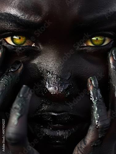Intense Portrait of Person with Black Paint and Striking Yellow Eyes
