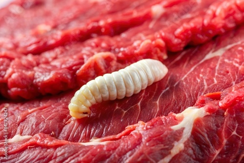 maggot on raw beef meat. Rotten and spoiled food