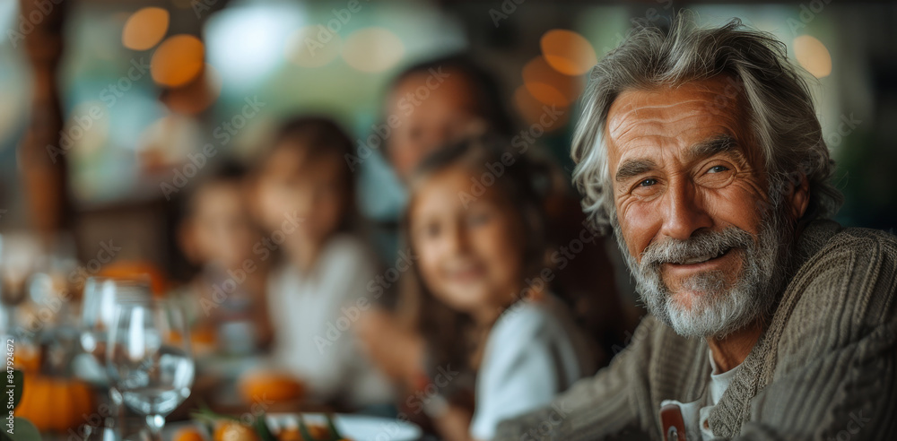60-year-old man dinner with family at home. Generative AI. 60-year-old man dinner with family at home. Generative AI.