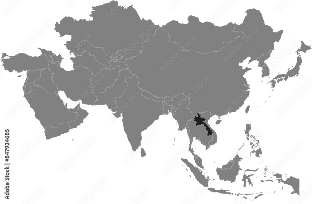 Highlighted black map of LAOS inside dark grey detailed blank political map of Asia using orthographic projection on transparent background, without Russia Highlighted black map of LAOS inside dark grey detailed blank political map of Asia using orthographic projection on transparent background, without Russia