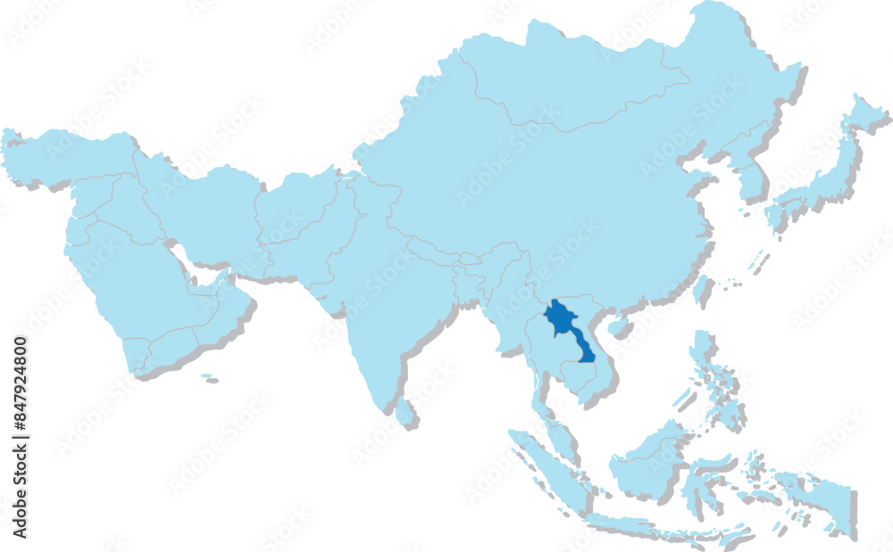 Highlighted blue map of LAOS inside light blue 3D blank political map of Asia orthographic projection on transparent background, without Russia Highlighted blue map of LAOS inside light blue 3D blank political map of Asia orthographic projection on transparent background, without Russia