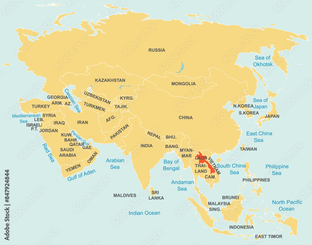 Fototapeta premium Highlighted red map of LAOS inside orange detailed tagged map of Asia using orthographic projection on blue background