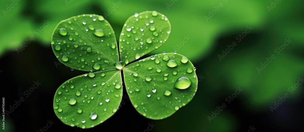 Four leaf clover after the rain with water drops. Creative banner. Copyspace image Four leaf clover after the rain with water drops. Creative banner. Copyspace image