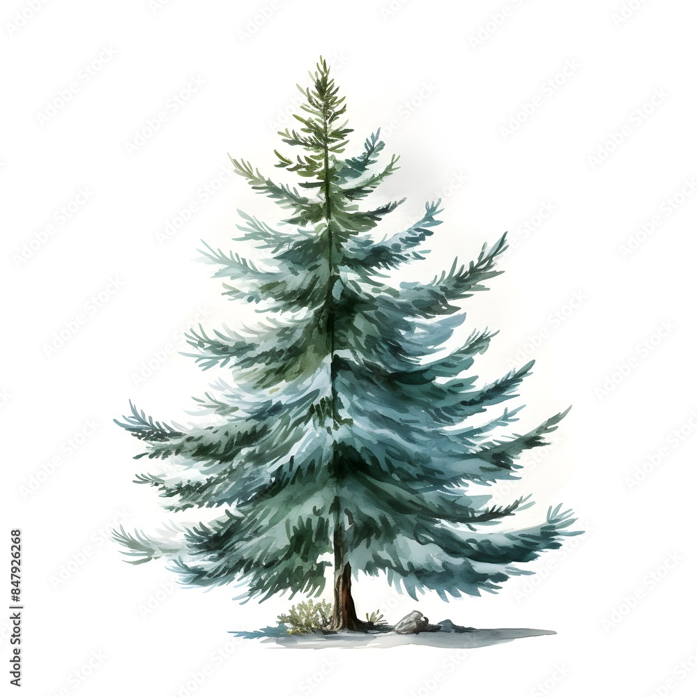 Snowy Spruce Tree in Watercolor on White Snowy Spruce Tree in Watercolor on White