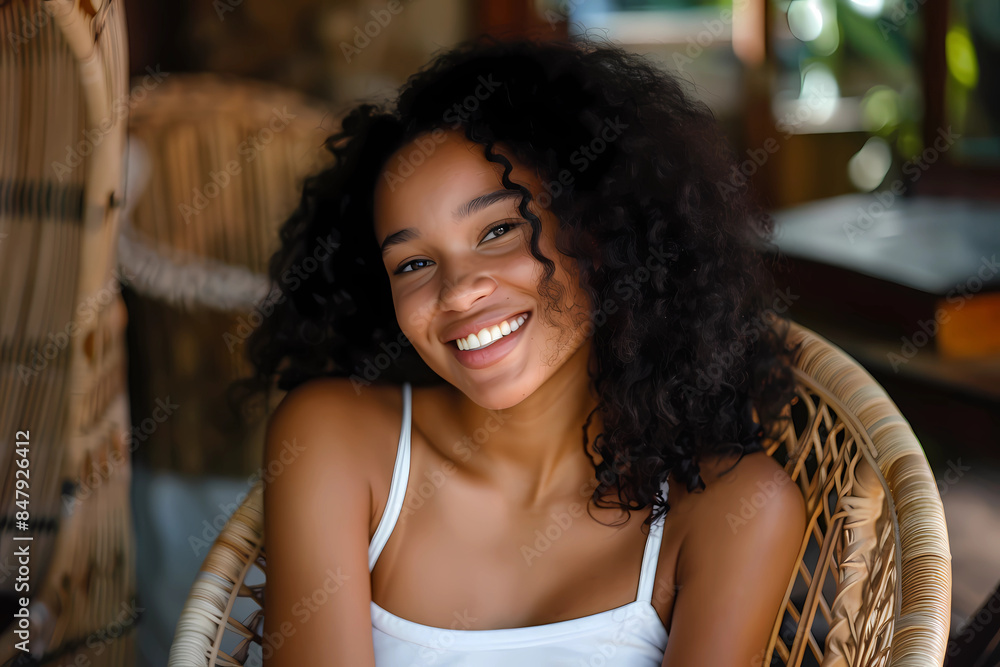 happy young african american young woman sitting in her chair smiling. happy young african american young woman sitting in her chair smiling.