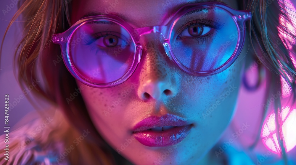 Fashion model posing with pink glasses and neon lights reflecting in them Fashion model posing with pink glasses and neon lights reflecting in them