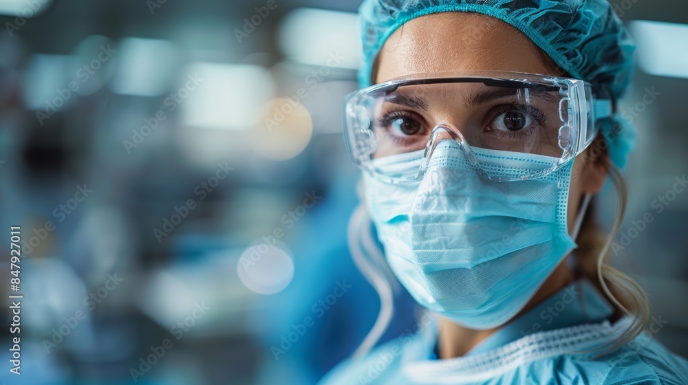 portrait of a female surgeon wearing surgical suit, face mask and ...