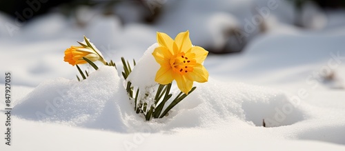 It is a beautiful figure of Adonis amurensis that bloomed in the snow. Creative banner. Copyspace image photo