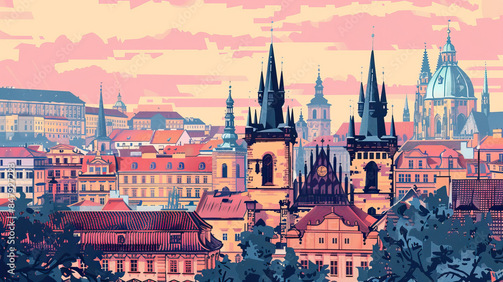 Fototapeta premium Risograph print travel poster illustration of Prague city, modern, isolated, clear and simple. Artistic, stylistic, screen printing, stencil digital duplication