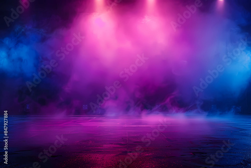 The dark stage shows, empty dark blue, purple, pink background, neon light, spotlights, The asphalt floor and studio room with smoke float up the interior texture for display products © Sonya