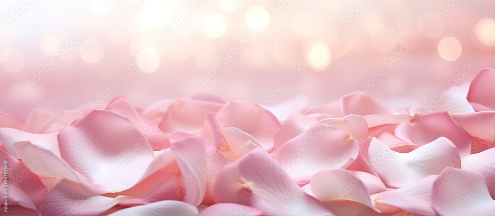Obraz premium Pink rose petals on abstract blur romance background Soft pink roses pastels background valentines wedding. Creative banner. Copyspace image