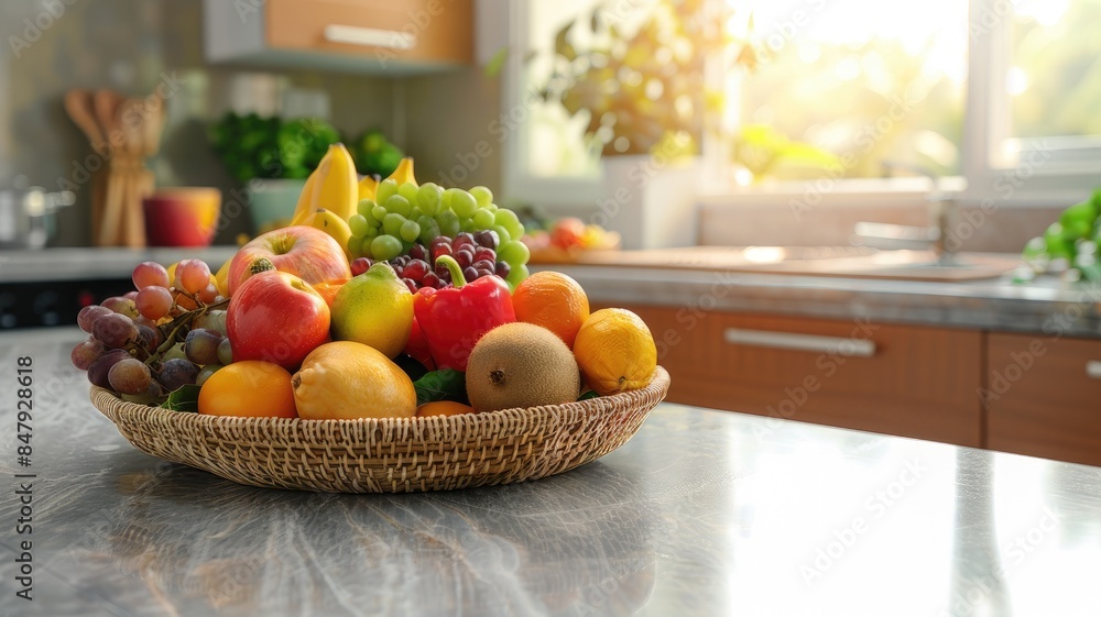 Basket of assorted fresh fruits on kitchen counter with sunlight streaming in Basket of assorted fresh fruits on kitchen counter with sunlight streaming in