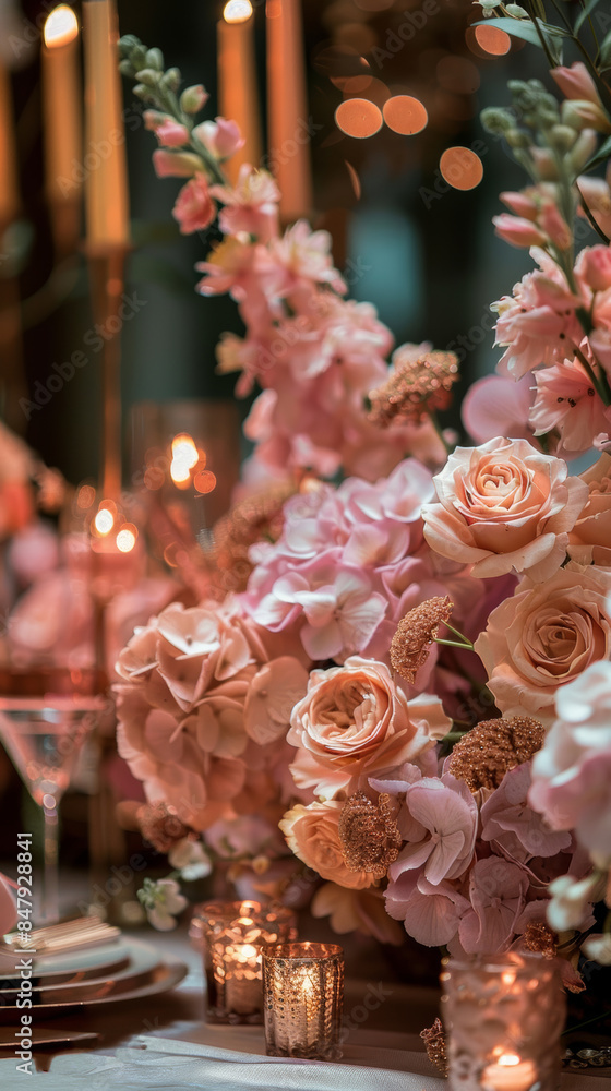 wedding table setting, rose gold flower and hydrangea set up, romantic wedding table setting, rose gold flower and hydrangea set up, romantic