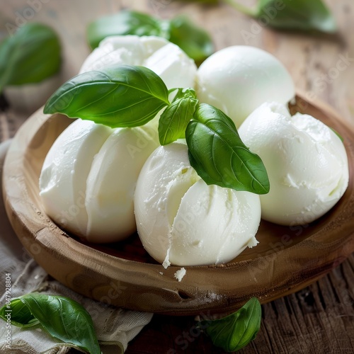  Close-up professional photo of fresh mozzarella cheese balls.