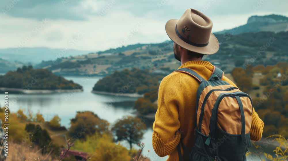 Side view of male tourist in hat and yellow sweater admiring nature Side view of male tourist in hat and yellow sweater admiring nature