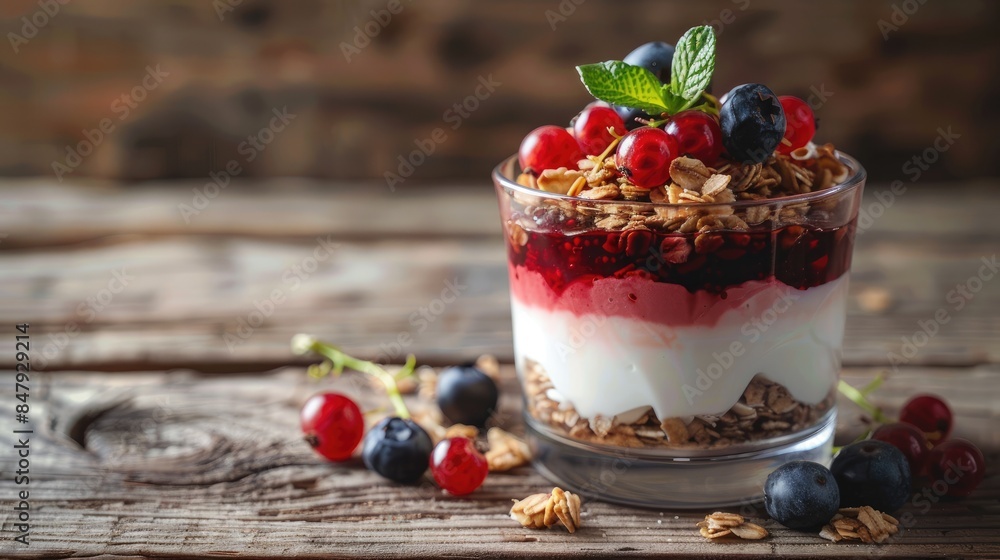 Layered dessert with yogurt granola jam red currant and blueberries on wooden surface Layered dessert with yogurt granola jam red currant and blueberries on wooden surface