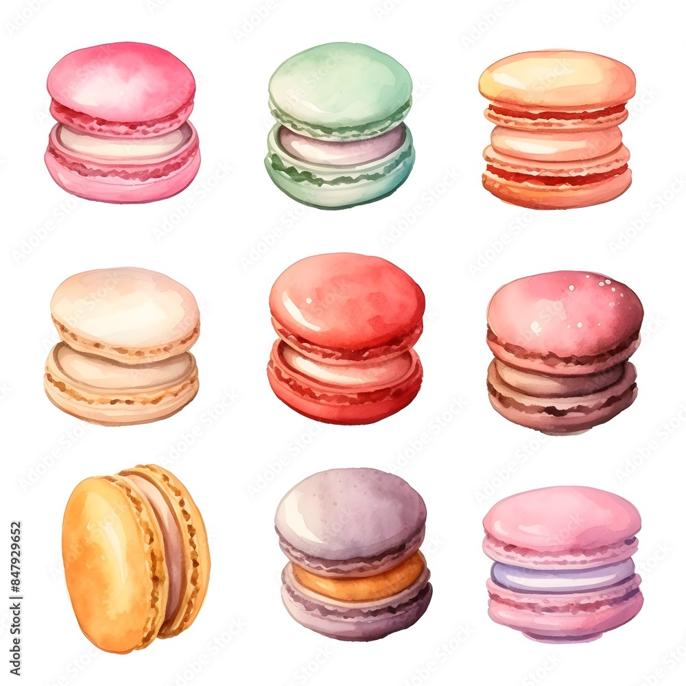 Vibrant Macaron Confections in Watercolor Pastel Vibrant Macaron Confections in Watercolor Pastel