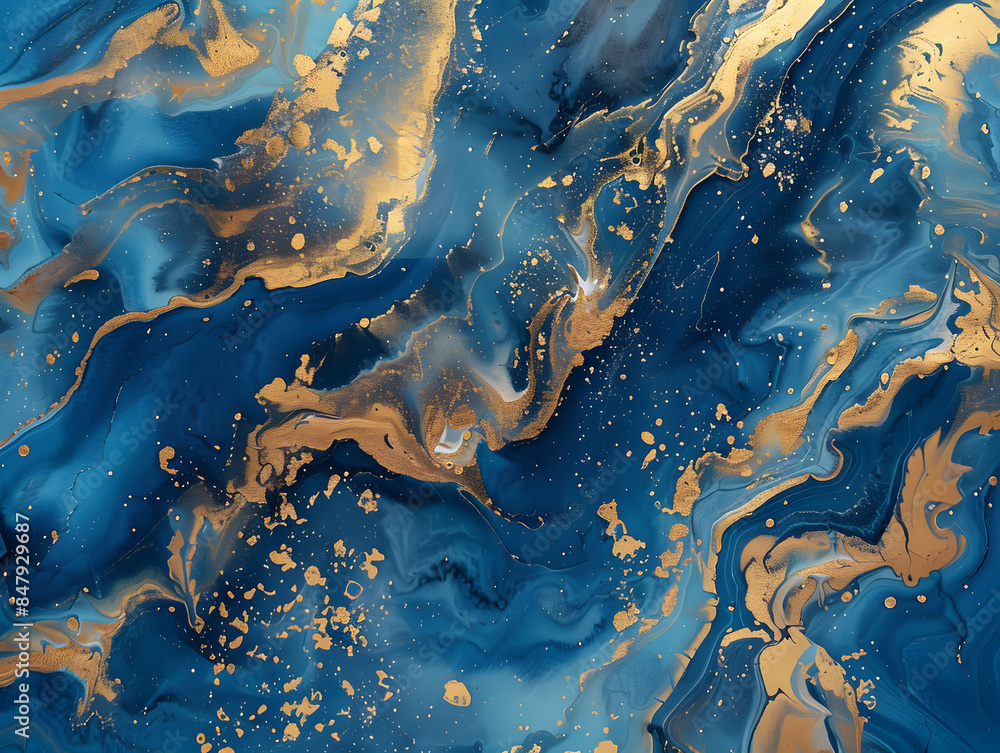 Marbled blue and golden Oil color painting. Generative AI. Marbled blue and golden Oil color painting. Generative AI.