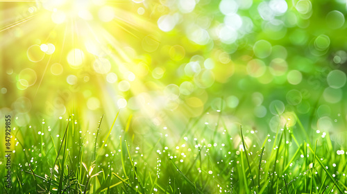 Sunlit Dew on Fresh Green Grass with Bokeh Background - Nature's Morning Beauty Captured in Vibrant Colors and Soft Focus