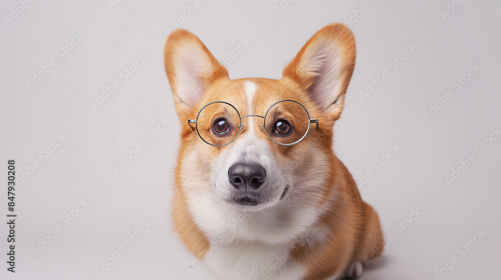 An adorable Corgi dog wearing small round glasses, looking cute and intelligent, isolated on a white background An adorable Corgi dog wearing small round glasses, looking cute and intelligent, isolated on a white background