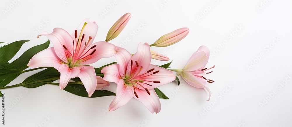 Fototapeta premium Pink lily flower on the white background. Creative banner. Copyspace image