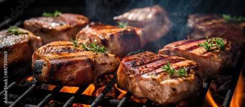 cooking juicy barbecue pork on the grill. Creative banner. Copyspace image
