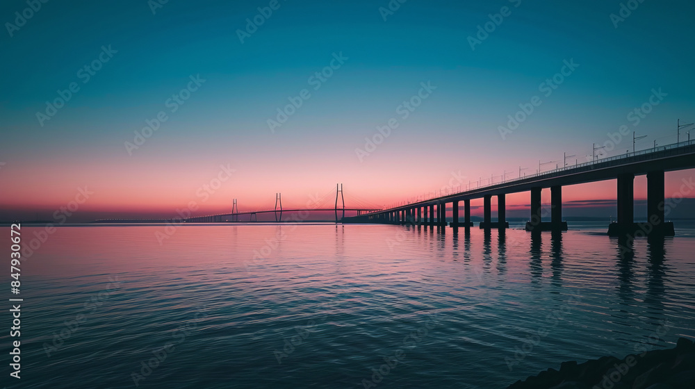 Öresund Bridge over calm sea at sunset in Malmö, Sweden Öresund Bridge over calm sea at sunset in Malmö, Sweden