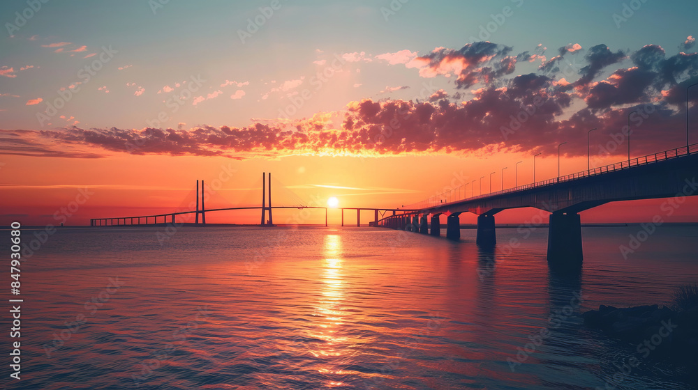 Oresund bridge and sea during vibrant sunset in Malmo, Sweden Oresund bridge and sea during vibrant sunset in Malmo, Sweden