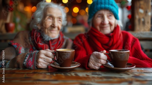 older  long term friends  enjoying a cup of coffee together