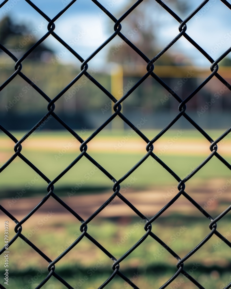 Closeup of black chain link fence at baseball field, blurred background Closeup of black chain link fence at baseball field, blurred background