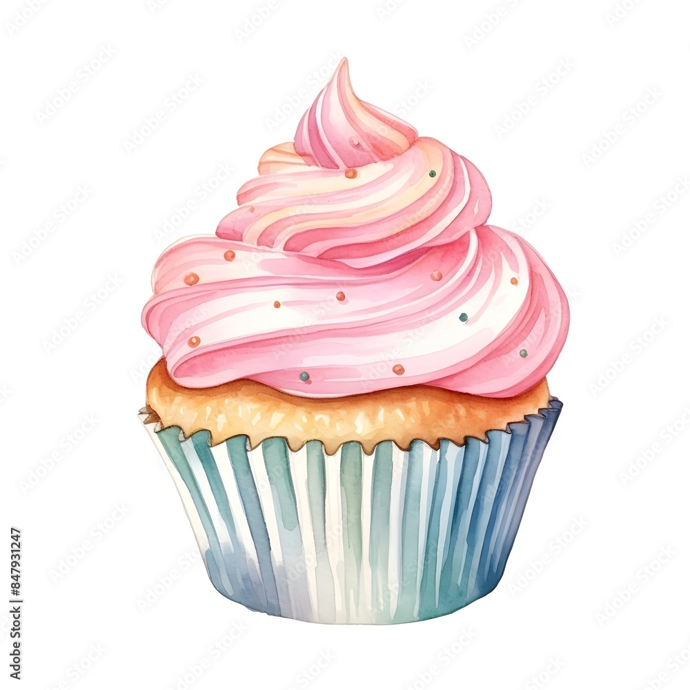 Vibrant Watercolor Cupcake with Lush Frosting Isolated on White Background Vibrant Watercolor Cupcake with Lush Frosting Isolated on White Background