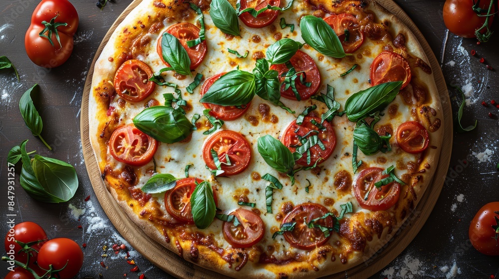a fresh pizza wit tomatoes and basil from above a fresh pizza wit tomatoes and basil from above