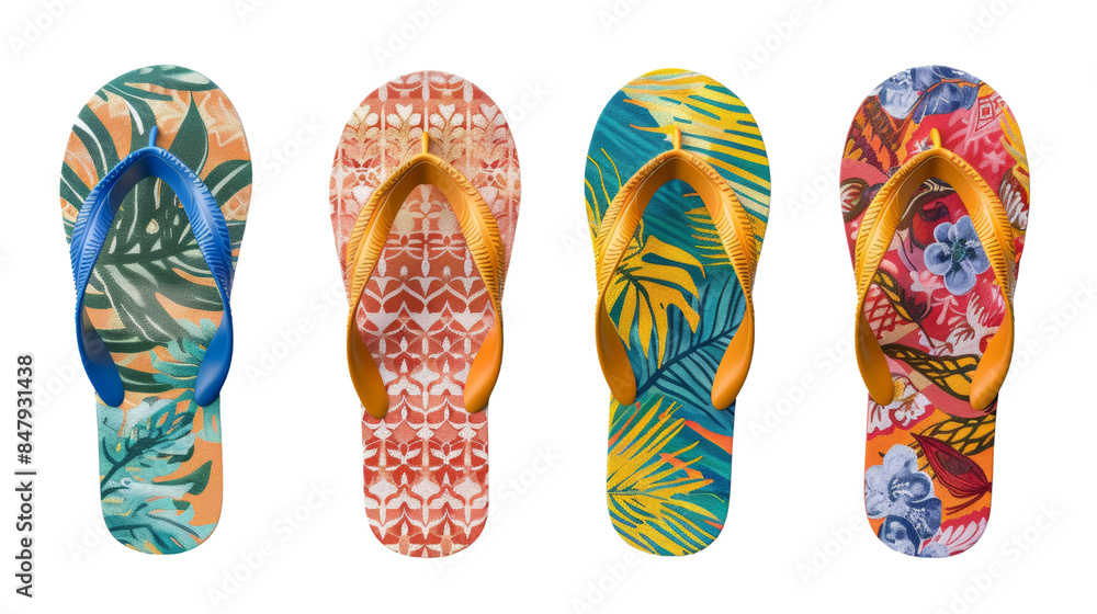 Four pairs of colorful flip-flops with various tropical patterns, perfect for summer. Four pairs of colorful flip-flops with various tropical patterns, perfect for summer.