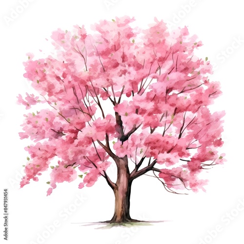Vibrant Watercolor of Flowering Cherry Blossom Tree on White Background