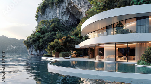 A modern curved house with tall windows, with a pool overlapping onto the ocean, with shores around the house with a lush mountain behind with hidden paths. Generative AI.