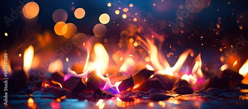 The bonfire burns at night with colorful flames and a colorful boke effect. Creative banner. Copyspace image
