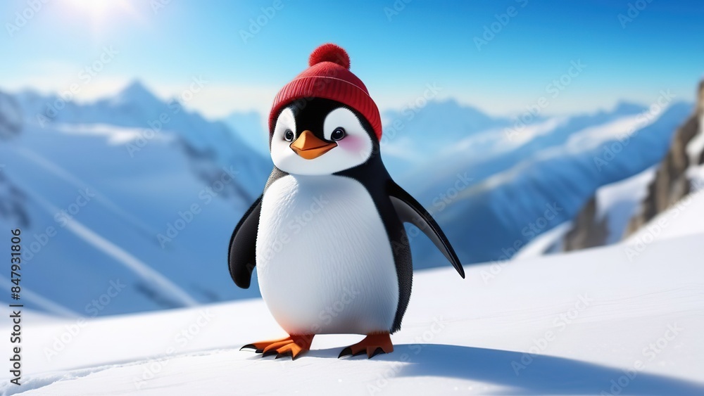 Fototapeta premium Portrait of a funny penguin in a red hat against the background of mountains
