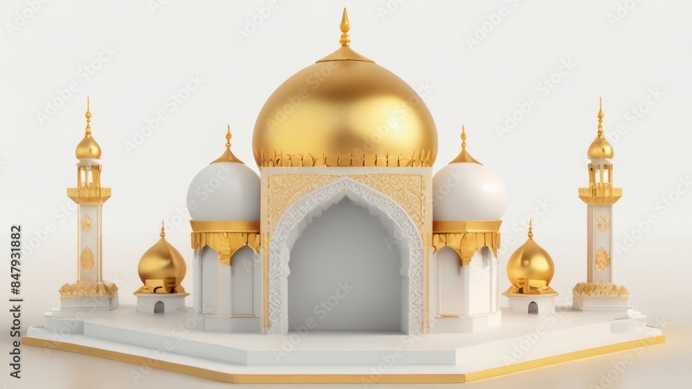 Realistic Islamic product display podium with mosque gate and golden minarets in white background. 3D Islamic illustration for advertising, sales, and online shopping. Bright pedestal design Realistic Islamic product display podium with mosque gate and golden minarets in white background. 3D Islamic illustration for advertising, sales, and online shopping. Bright pedestal design