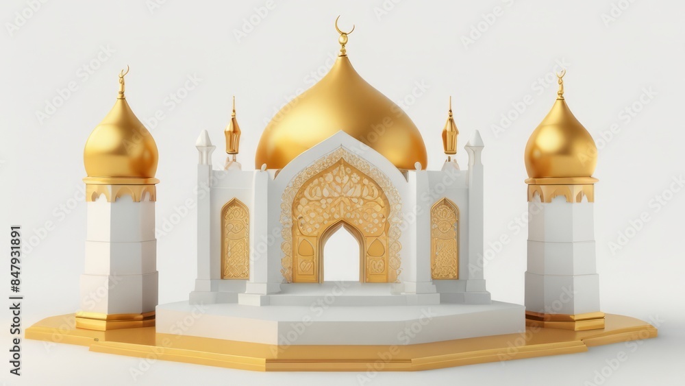 Realistic Islamic product display podium with mosque gate and golden minarets in white background. 3D Islamic illustration for advertising, sales, and online shopping. Bright pedestal design Realistic Islamic product display podium with mosque gate and golden minarets in white background. 3D Islamic illustration for advertising, sales, and online shopping. Bright pedestal design