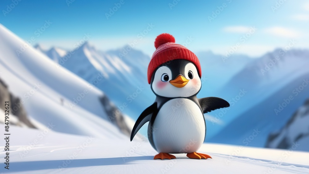 Fototapeta premium Portrait of a funny penguin in a red hat against the background of mountains