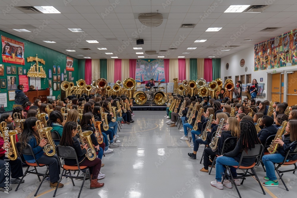 School Band Students Practicing Tuba and Saxophone In a Room With Decorated Walls School Band Students Practicing Tuba and Saxophone In a Room With Decorated Walls