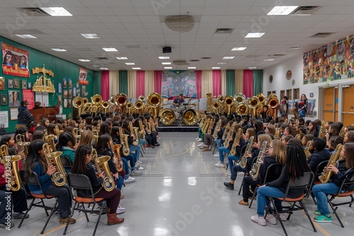 Wallpaper Mural School Band Students Practicing Tuba and Saxophone In a Room With Decorated Walls Torontodigital.ca