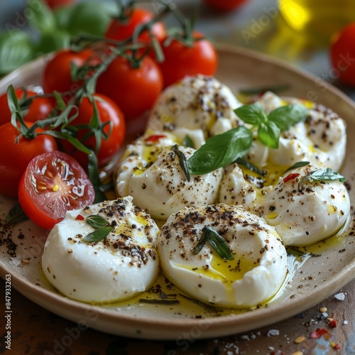  mozzarella buffala creamy, in the center of a plate, with roquet, basilic, olive oil and tomatoes on the side, side view  photo