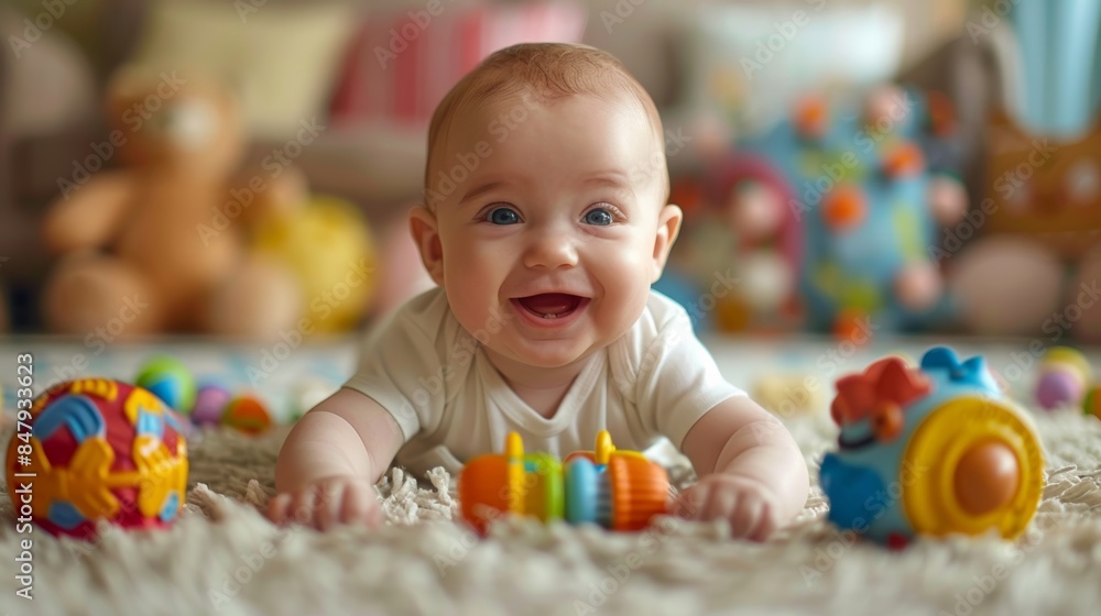 Fototapeta premium a playful smiling baby on the right half of the screen with focus on its toys, on light background