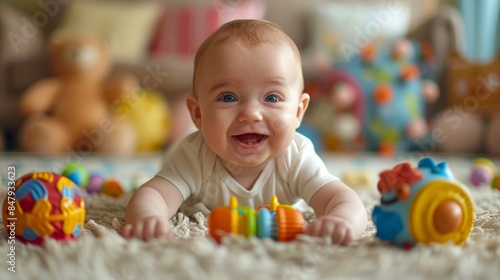  a playful smiling baby on the right half of the screen with focus on its toys, on light background
