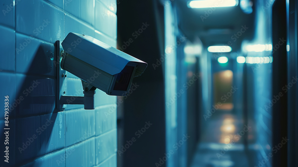 Modern surveillance camera in a dimly lit corridor Modern surveillance camera in a dimly lit corridor