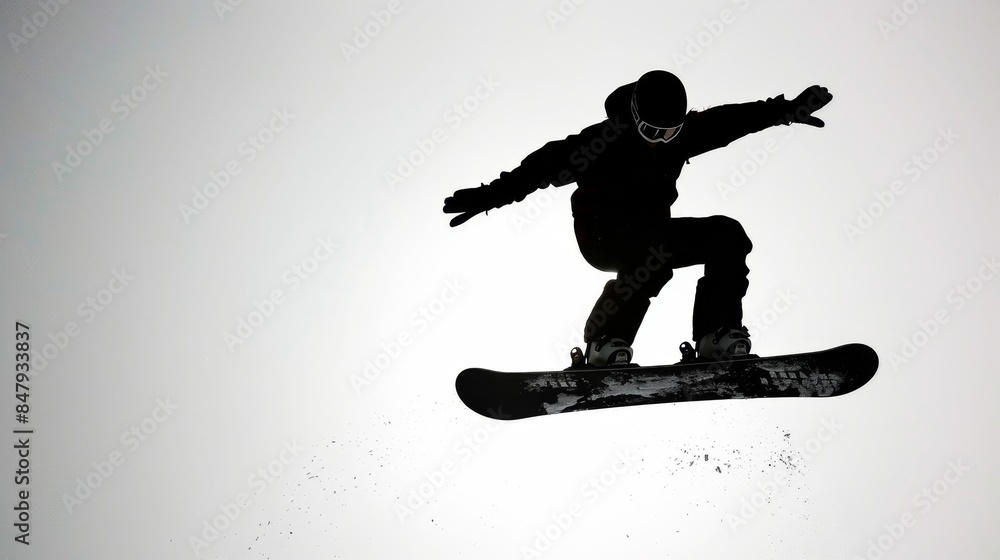 Snowboarder performing jump with snowboard, silhouette Snowboarder performing jump with snowboard, silhouette